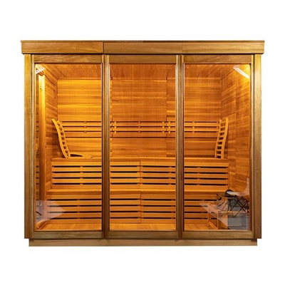 6 คน Red Cedar Wood เตาแบบดั้งเดิม เครื่องทำความร้อน ซาวน่าแห้งกลางแจ้ง การออกแบบที่ไม่ซ้ำใคร
