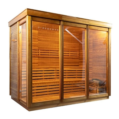 6 คน Red Cedar Wood เตาแบบดั้งเดิม เครื่องทำความร้อน ซาวน่าแห้งกลางแจ้ง การออกแบบที่ไม่ซ้ำใคร