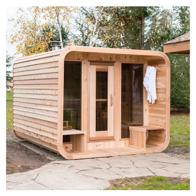 ห้องซาวน่าแห้งกลางแจ้ง Canadian Red Cedar Cube ห้องซาวน่าไฟไม้แบบประเพณี
